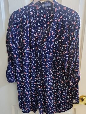 Democracy Navy Floral Button-Front Top with Coral and Mint Accents